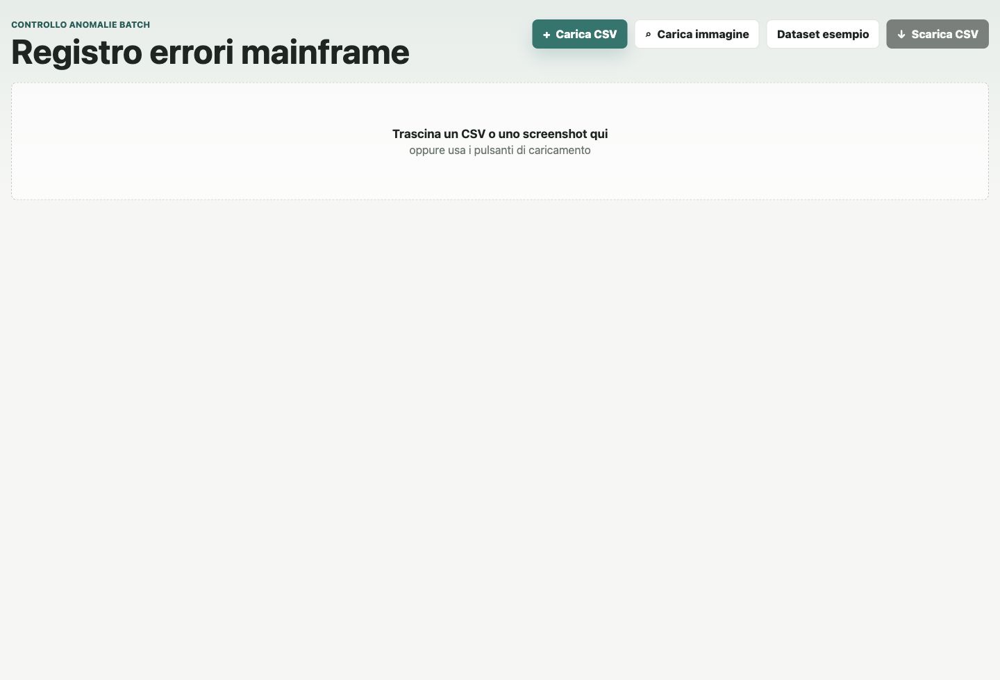 Schermata iniziale della webapp con pulsanti di caricamento e area drag-and-drop