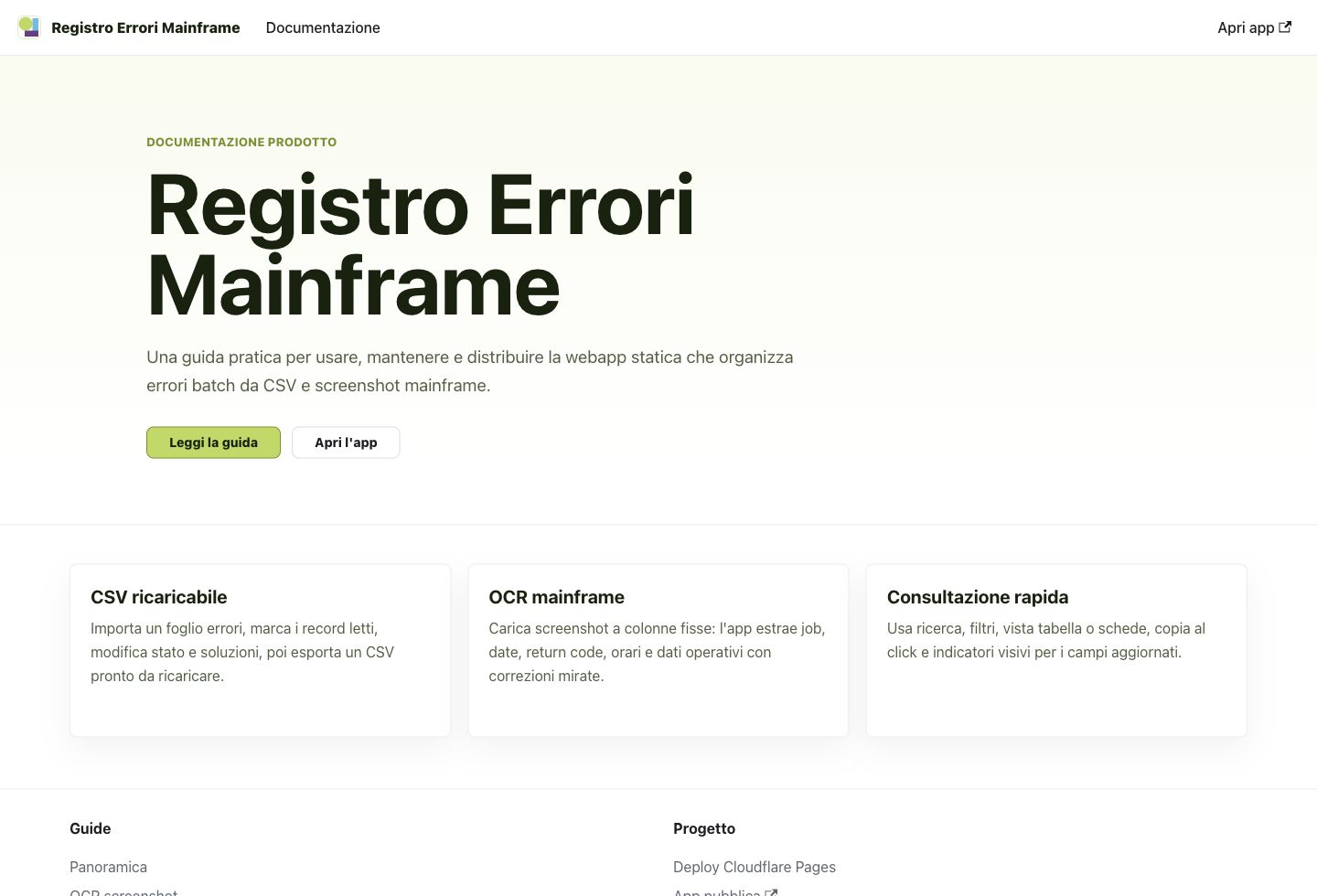 Homepage della documentazione Docusaurus in light mode con accent verde
